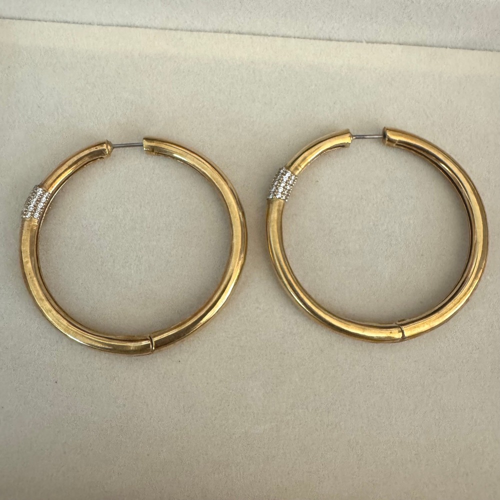 TAT2 Gold Tone Chunky Hoop Earrings Pave Crystal Accents Large Snap Back
